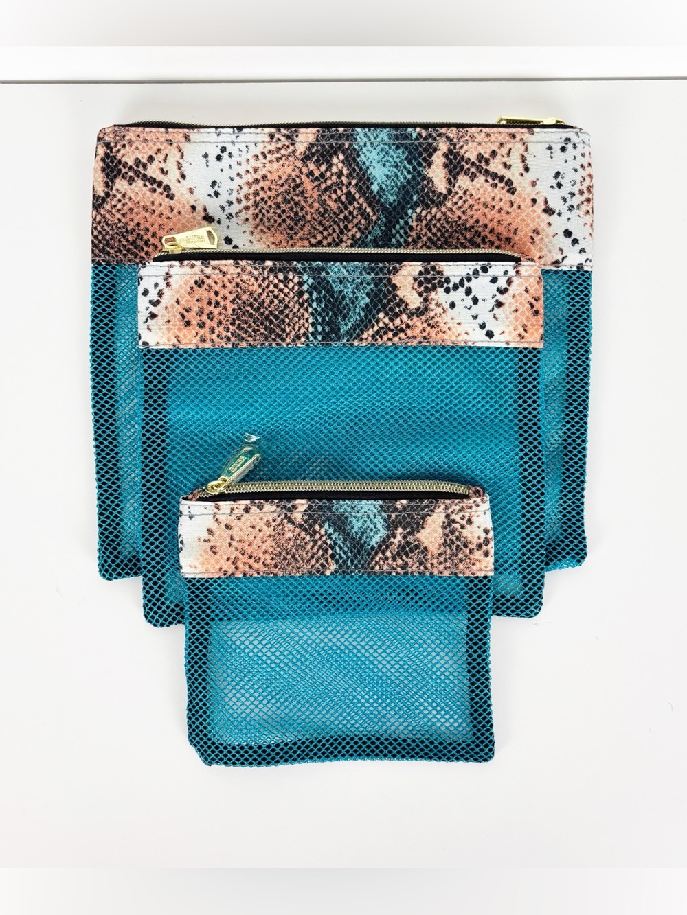 Aimee Kestenberg 3-pack turquoise blue and snakeskin print mesh cosmetic bags